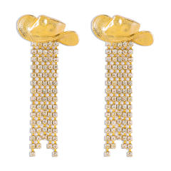 Personality cowboy hat rhinestone tassel diamond earrings for women