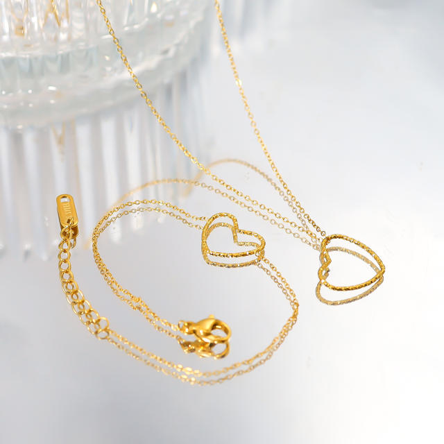Dainty hollow out heart stainless steel necklace bracelet set