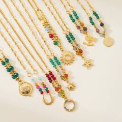 18KG boho colorful natural stone bead stainless steel necklace