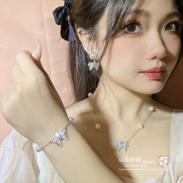 Delicate diamond bow pearl bead copper jewelry set