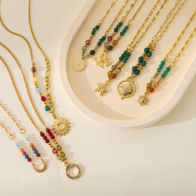 18KG boho colorful natural stone bead stainless steel necklace