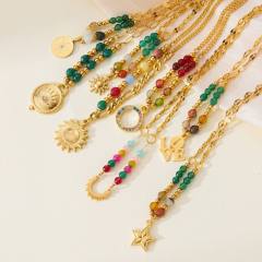 18KG boho colorful natural stone bead stainless steel necklace