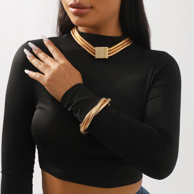 Hiphop chunky layer row metal choker necklace bracelet set