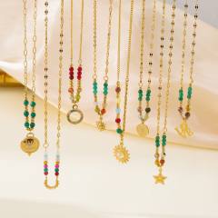 18KG boho colorful natural stone bead stainless steel necklace