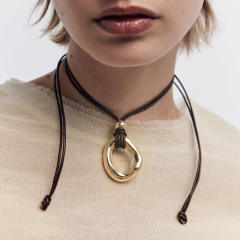 Y2K super cool geometric circle pendant PU leather choker necklace