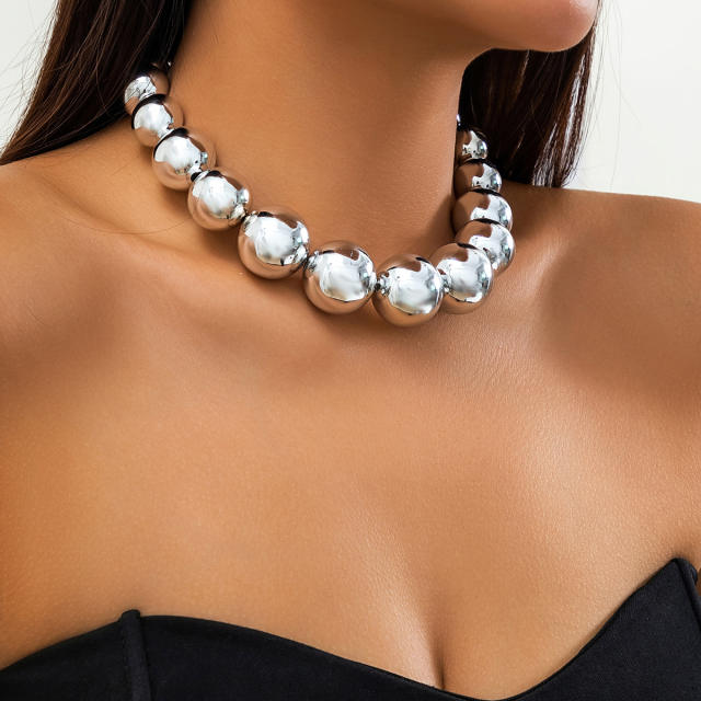 Chunky hiphop imitation pearl bead ball bead heart charm necklace