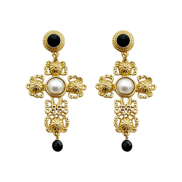 Baroque gold color hollow out cross pendant stainless steel earrings