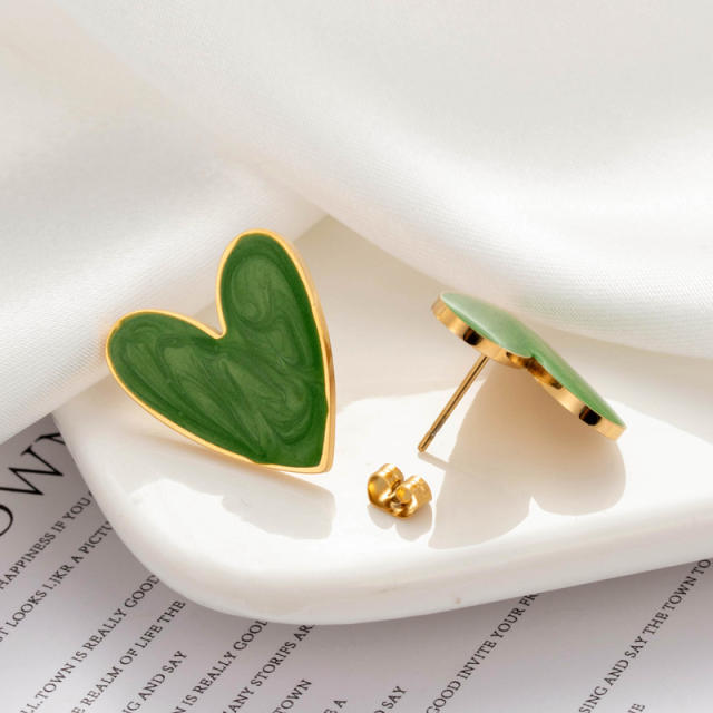 Fresh green color enamel heart stainless steel earrings collection