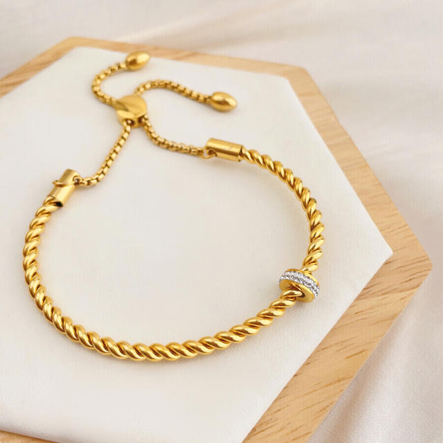 Vintage rhinestone twisted rope stainless steel bangle bracelet