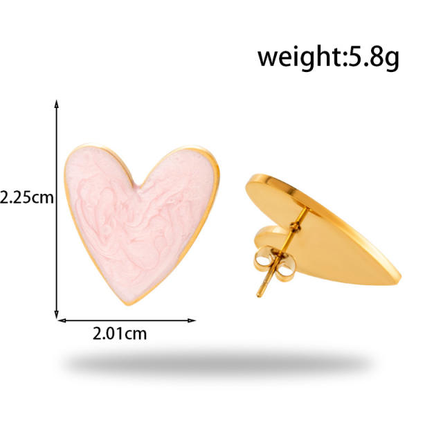 Sweet pink color enamel heart stainless steel earrings collection