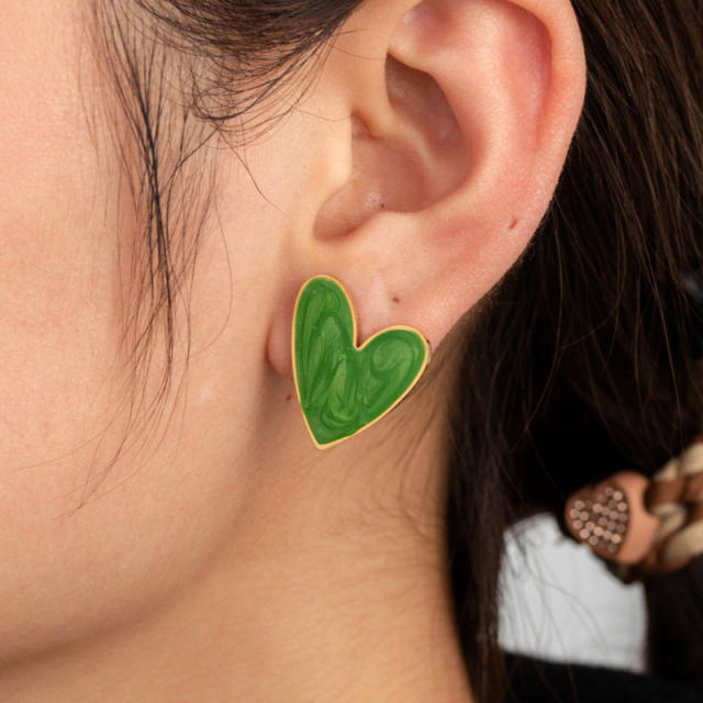 Fresh green color enamel heart stainless steel earrings collection