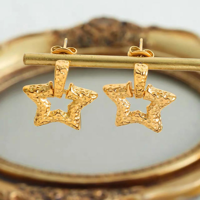 Vintage hammer pattern hollow out star stainless steel earrings
