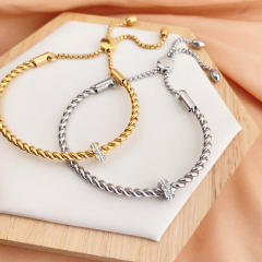Vintage rhinestone twisted rope stainless steel bangle bracelet