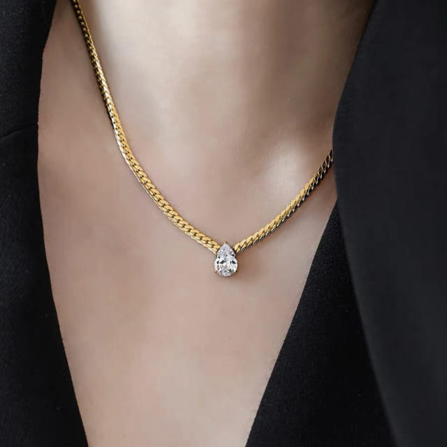 Chic water drop cubic zircon snake chain stainless steel necklace