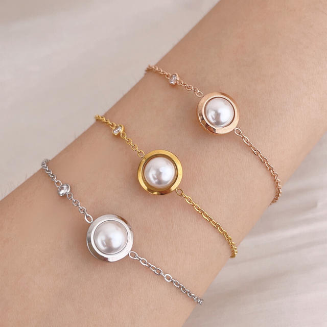 Dainty pearl bead stainless steel women bracelet