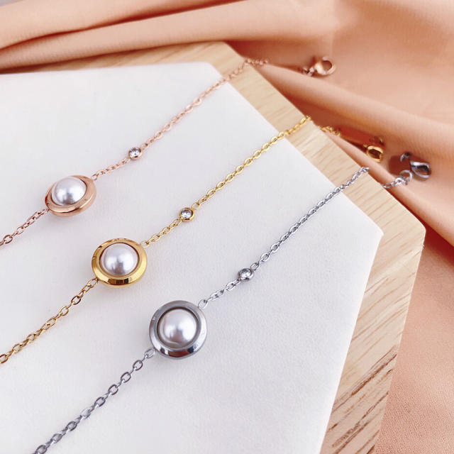 Dainty pearl bead stainless steel women bracelet