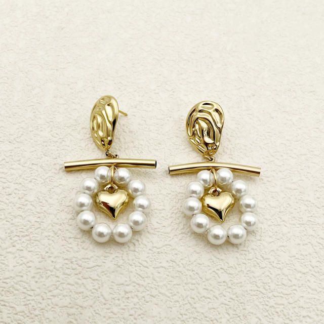 Elegant pearl bead gold color stainless steel earrings