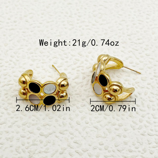 Classic white black bead pattern open hoop stainless steel earrings