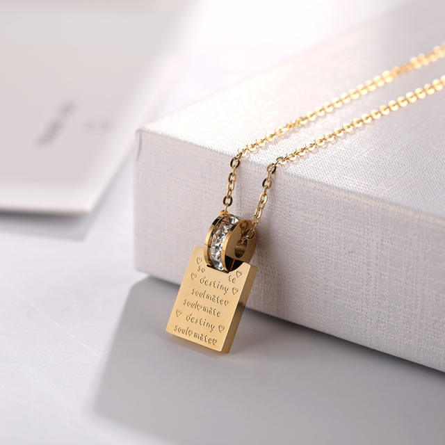 Korean fahsion engrave letter block pendant dainty stainless steel necklace