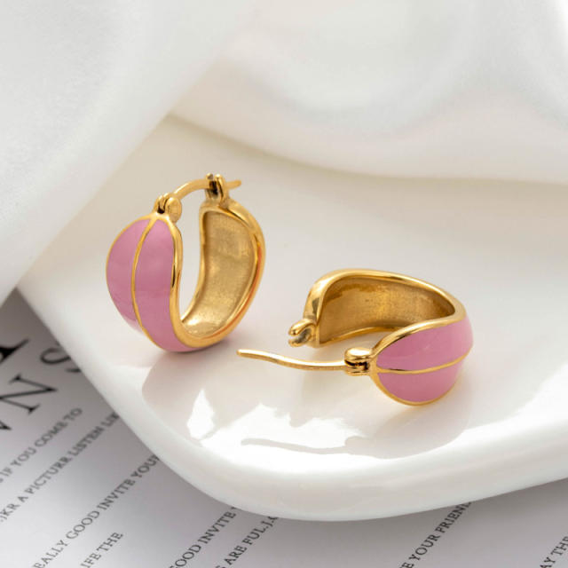 Sweet pink color enamel heart stainless steel earrings collection