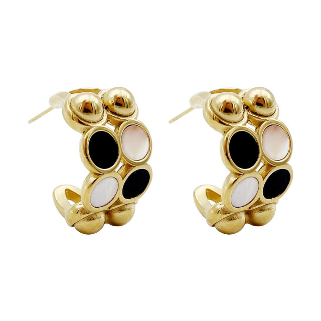 Classic white black bead pattern open hoop stainless steel earrings