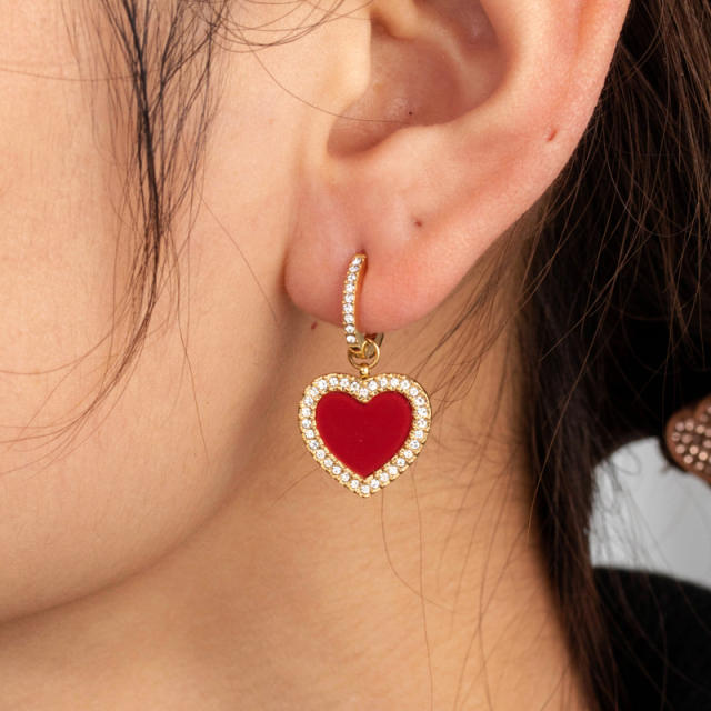Popular red color enamel heart stainless steel earrings collection