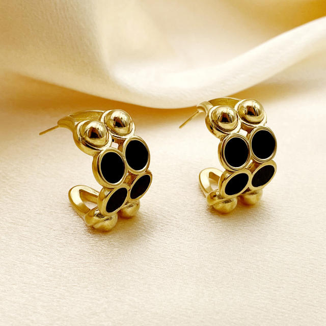 Classic white black bead pattern open hoop stainless steel earrings