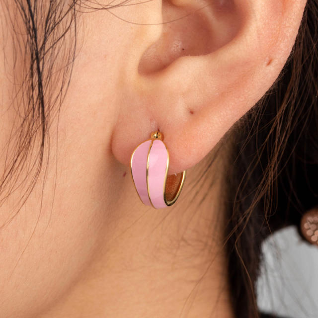 Sweet pink color enamel heart stainless steel earrings collection