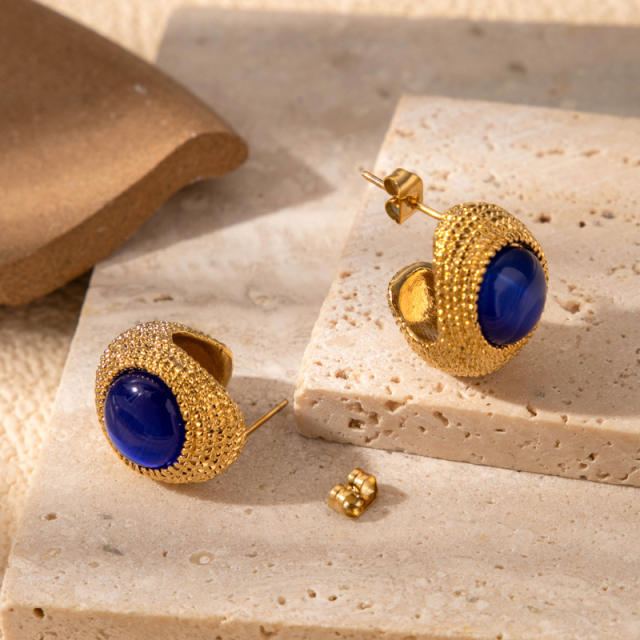 Blue color enamel chunky heart stainless steel earrings collection