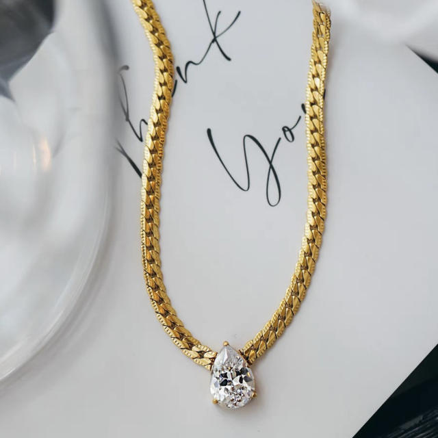 Chic water drop cubic zircon snake chain stainless steel necklace