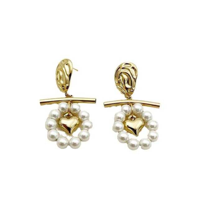 Elegant pearl bead gold color stainless steel earrings