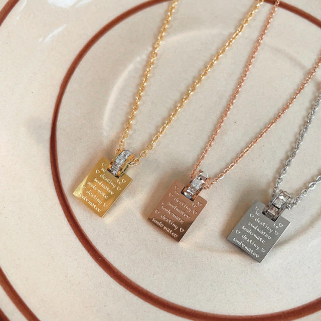 Korean fahsion engrave letter block pendant dainty stainless steel necklace