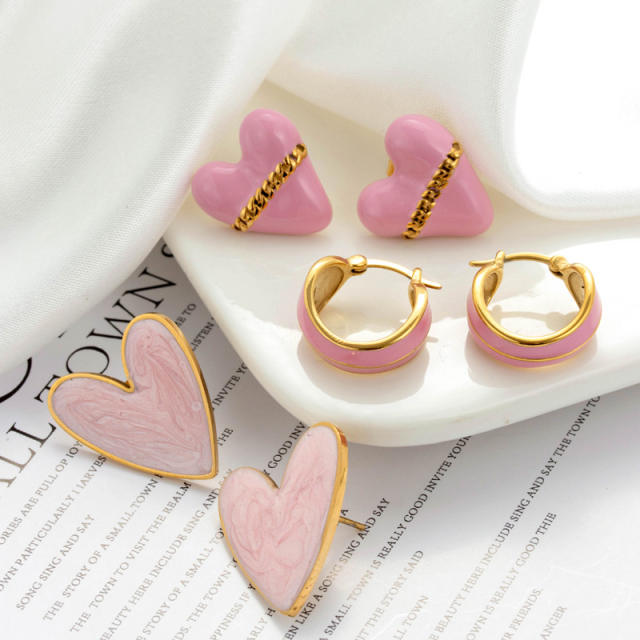 Sweet pink color enamel heart stainless steel earrings collection