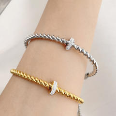 Vintage rhinestone twisted rope stainless steel bangle bracelet