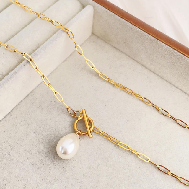 Elegant pearl drop paperclip chain stainless steel necklace toggle necklace
