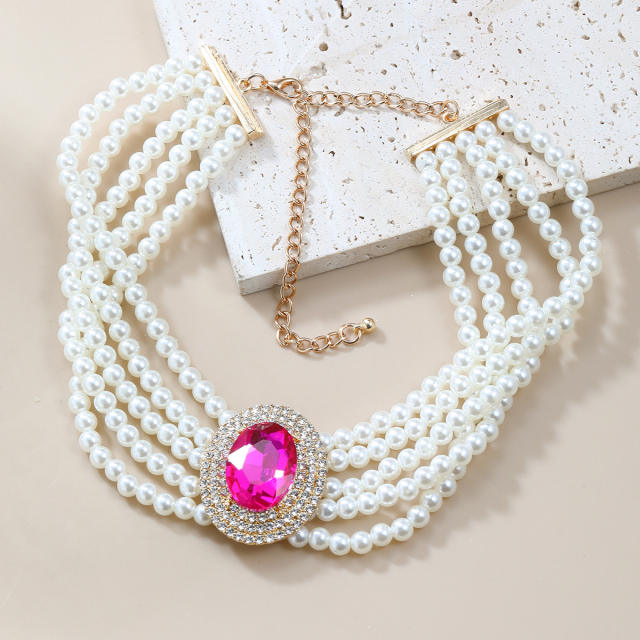 Elegant pearl bead strand colorful oval glass crystal women choker necklace