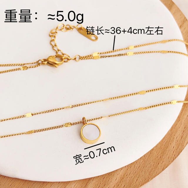 Chic round mother shell pendant dainty two layer stainless steel necklace