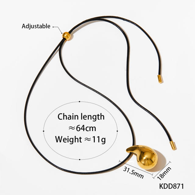 Chunky gold color heart ball bead drop pendant wax line stainless steel necklace