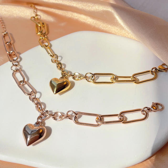 Y2K chunky heart charm stainless steel chain bracelet