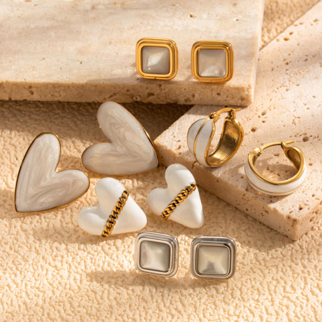 Elegant white color enamel heart geometric shape stainless steel earrings collection