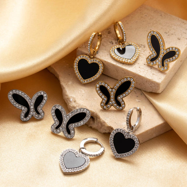 Sweet black color butterfly heart stainless steel earrings