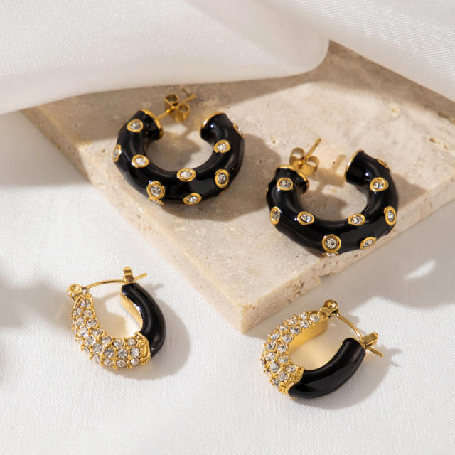 Occident fashion black enamel diamond stainless steel earrings huggie earrings