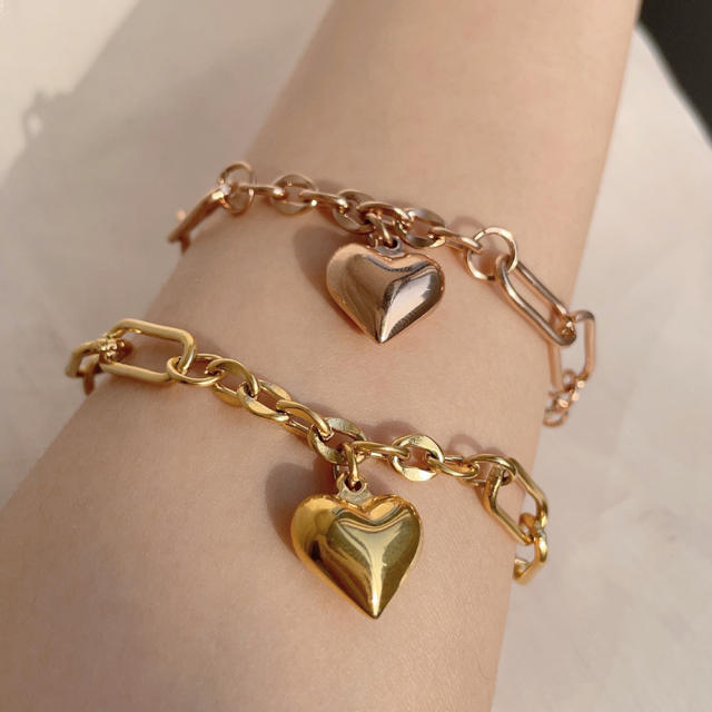 Y2K chunky heart charm stainless steel chain bracelet