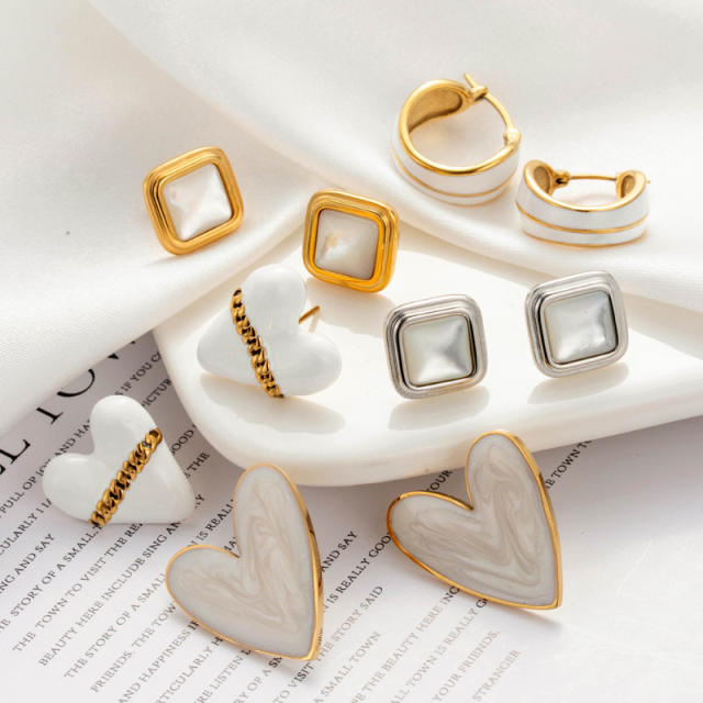 Elegant white color enamel heart geometric shape stainless steel earrings collection