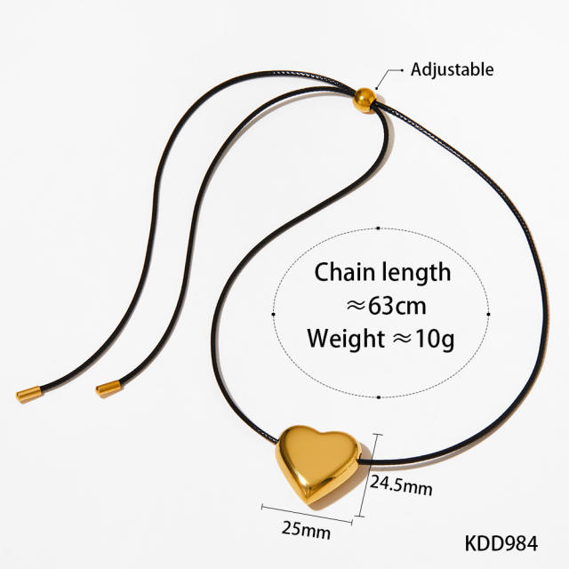 Chunky gold color heart ball bead drop pendant wax line stainless steel necklace