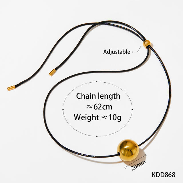 Chunky gold color heart ball bead drop pendant wax line stainless steel necklace