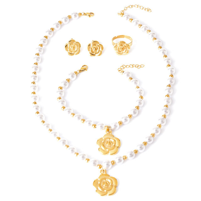 Elegant pearl bead gold color camelia flower charm stainless steel necklace set