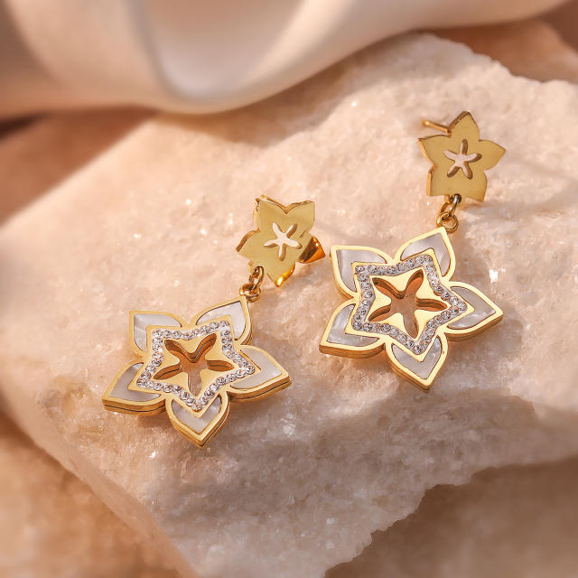 Delicate hammer pattern clover star flower stainless steel earrings