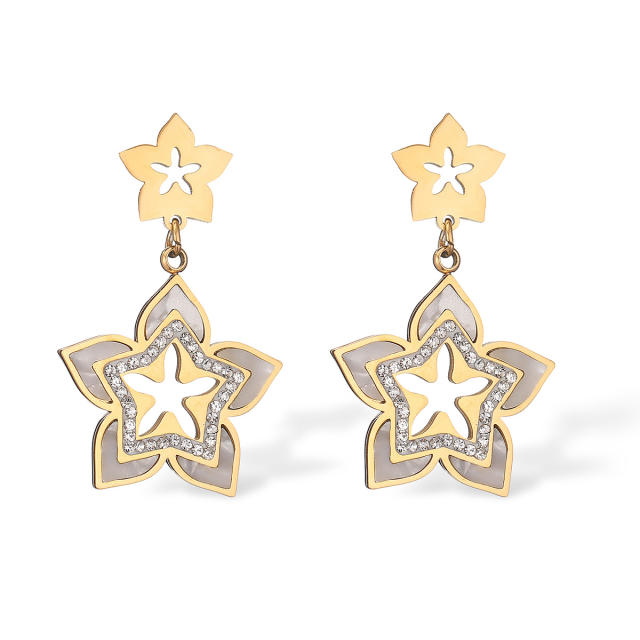 Delicate hammer pattern clover star flower stainless steel earrings