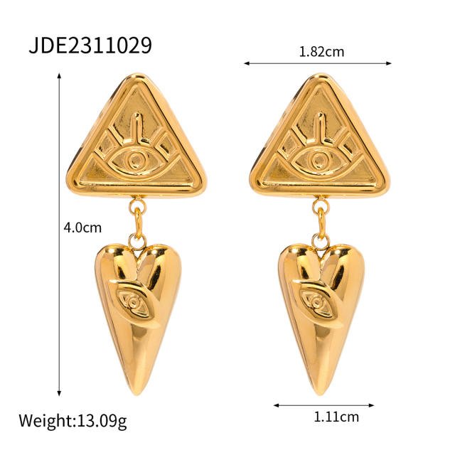 18KG geometric triangle shape evil eye stainless steel earrings